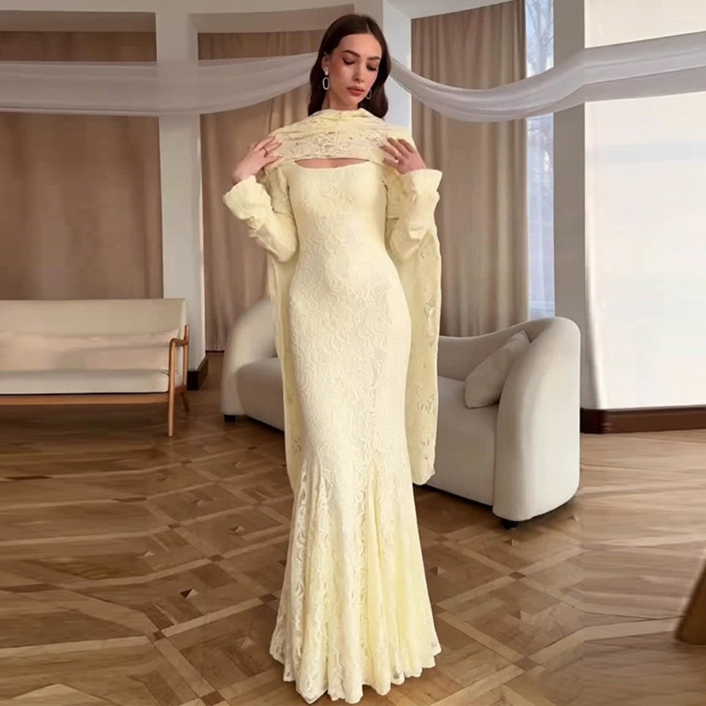 Forever 21 Yellow Elegant Shawl Collar Long-Sleeve Mermaid Maxi Dress